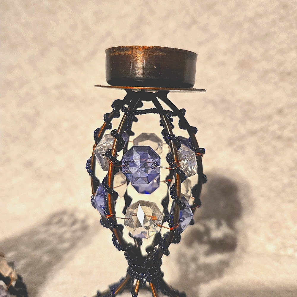 Bronze Parlor Lamp 12" Tealight Candle Holder Blue Beaded Copper Wire Wrapped - Picture 4 of 6